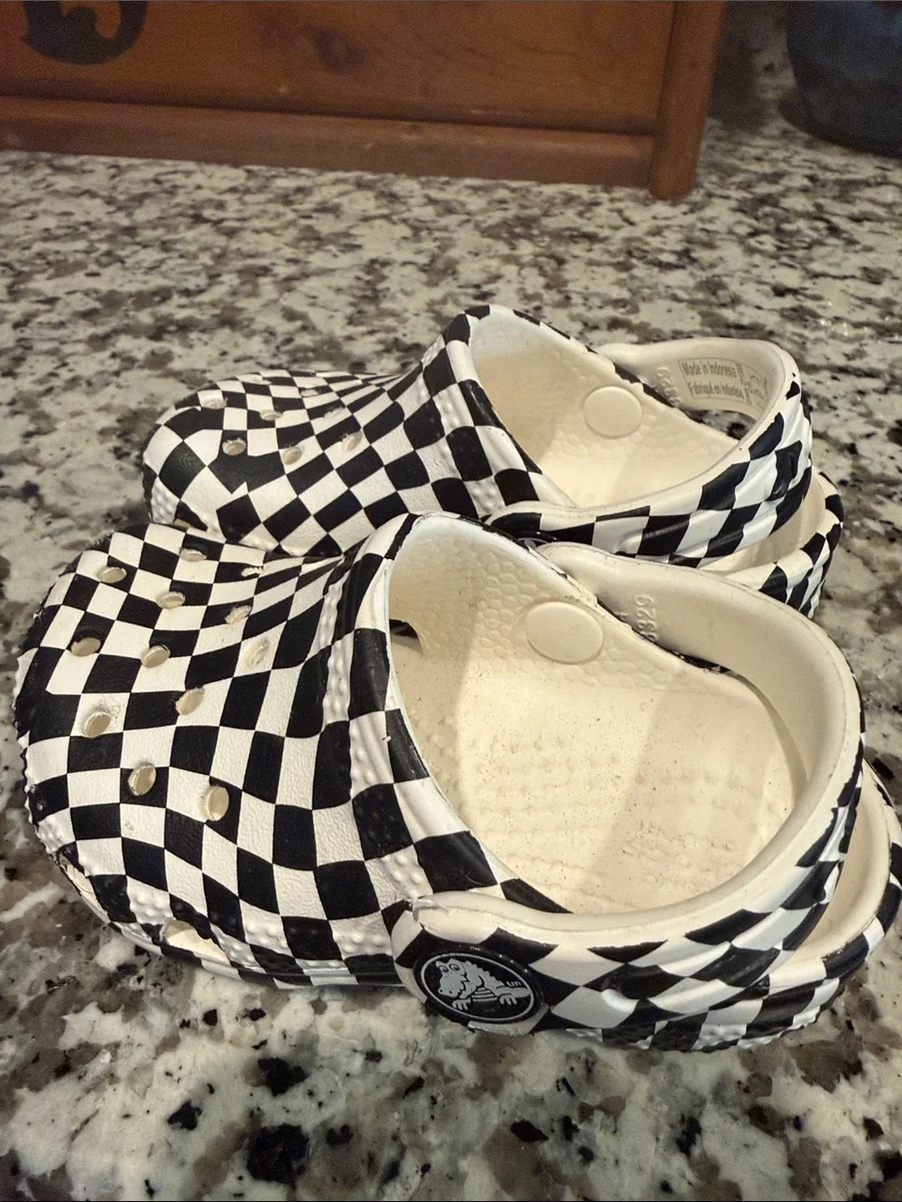 CROCS Toddler Black and White Checkered Clogs with Heel Strap